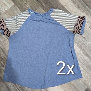 Blue Raglan T-Shirt with Striped and Leopard Sleeves